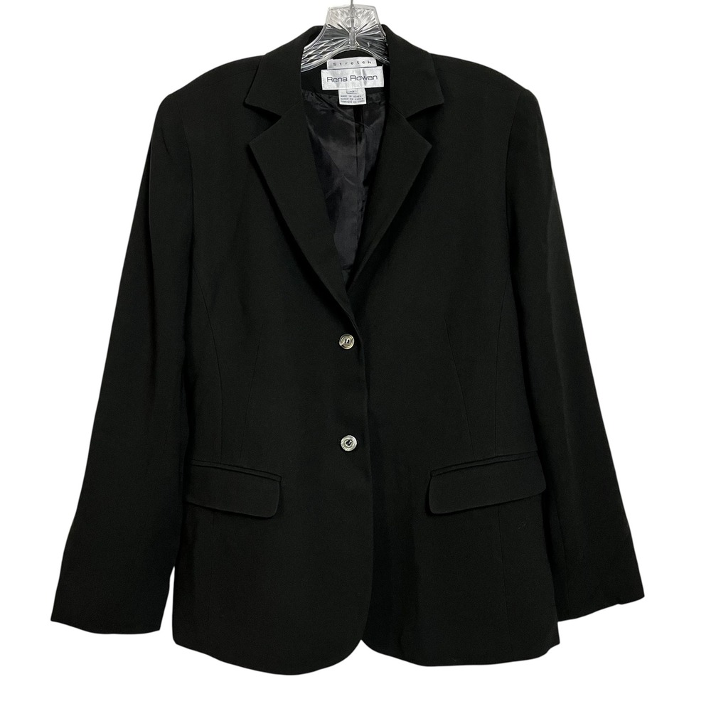 Rena Rowan Black Stretch Blazer Jacket Womens Size 12‎ Two Button Classic